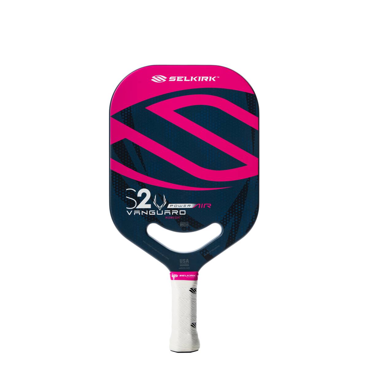 A Pickleballist Selkirk Power Air S2 pickleball paddle in pink and black, featuring an oval shape and grip handle with a Limited Lifetime Warranty, isolated on a white background.