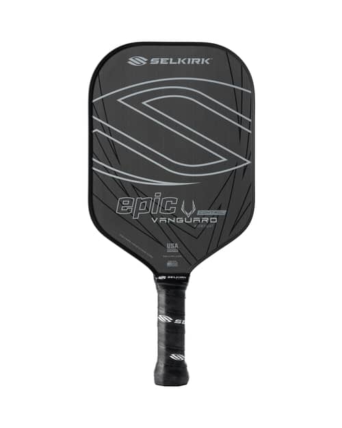 A black and white Selkirk Vanguard Control Epic 16mm Pickleball Paddle with a black handle.