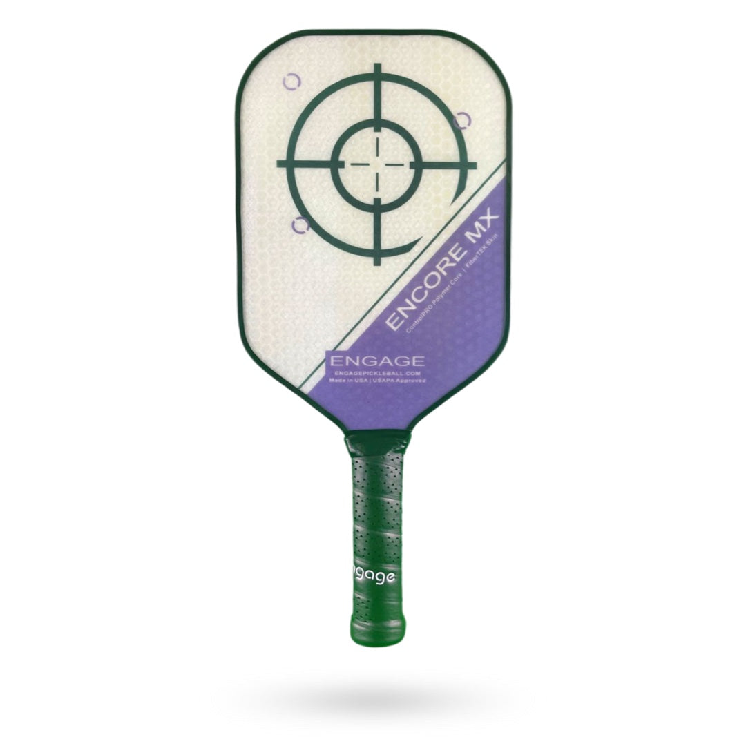 A green and white paddle with a target on it.