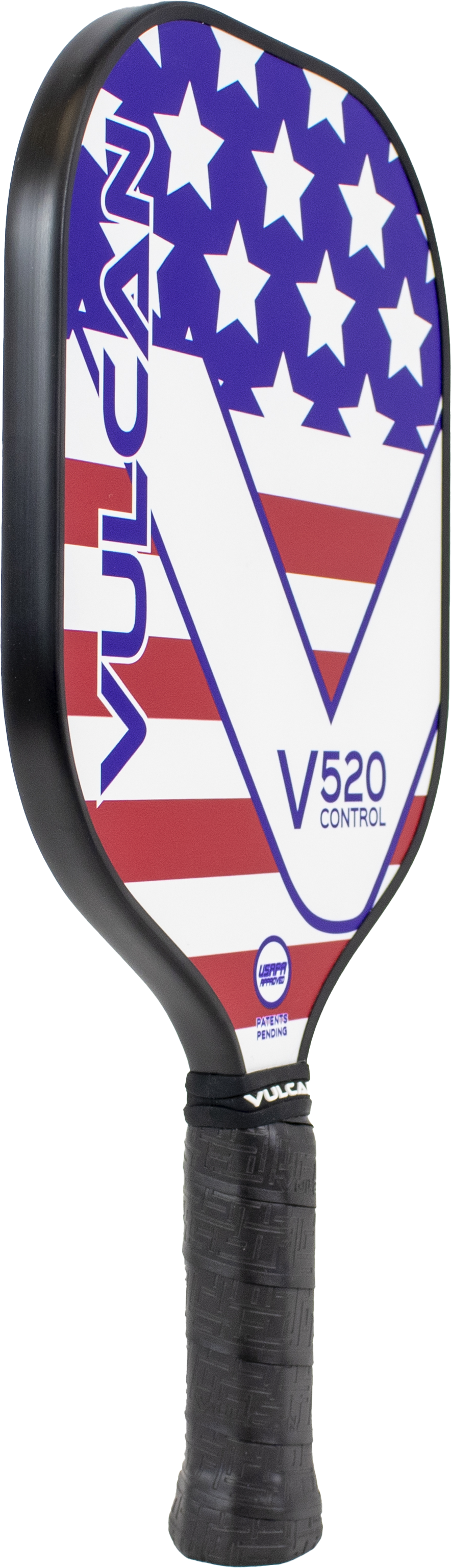 Pickleball paddle with an Americana design featuring a blue field with white stars and red and white stripes, branding "Pickleballist" and model "V520 control" visible.