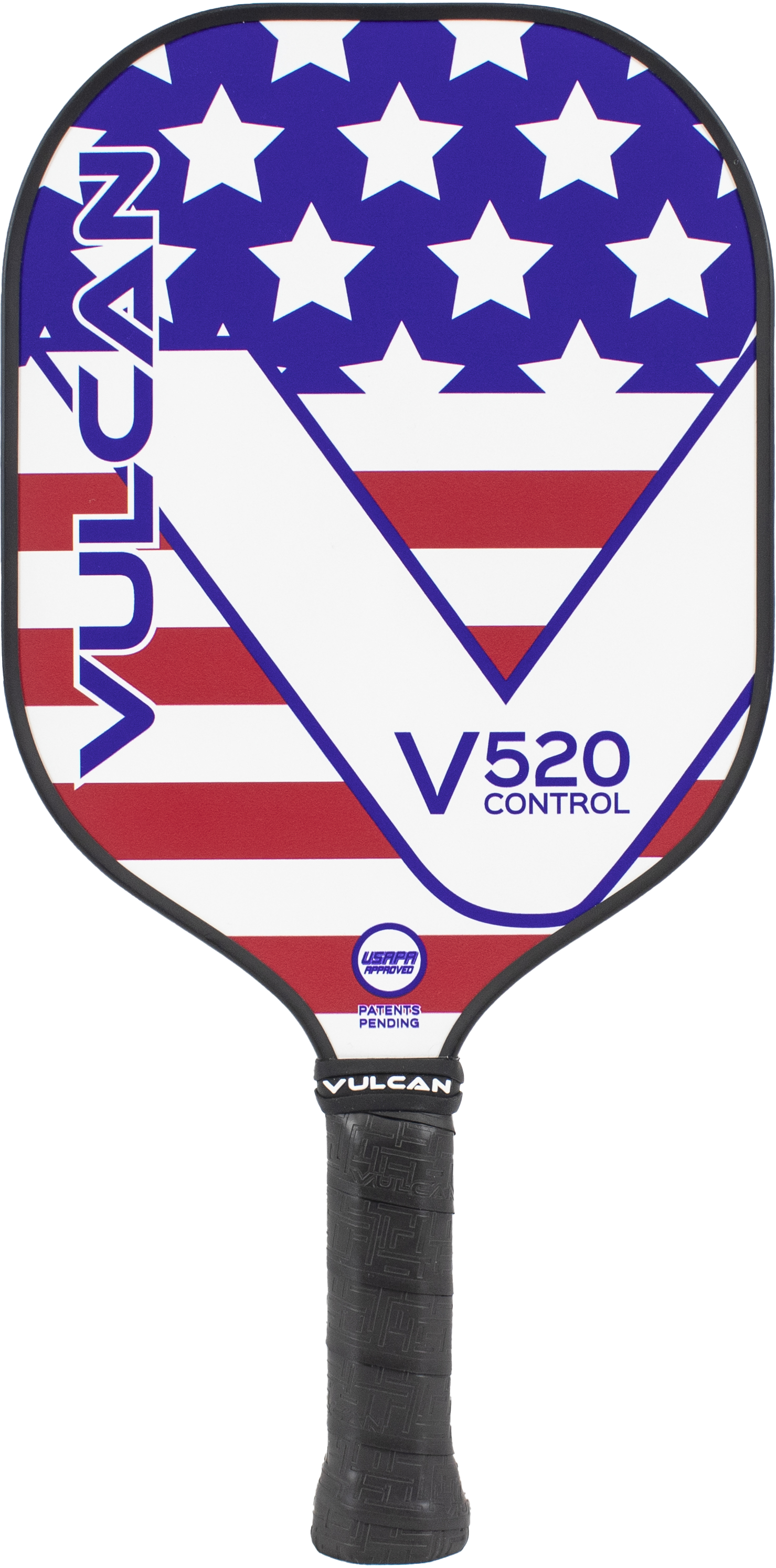 A Pickleballist Vulcan V520 Control pickleball paddle with a design featuring white stars on a blue background at the top and red and white stripes below, evoking the American flag.