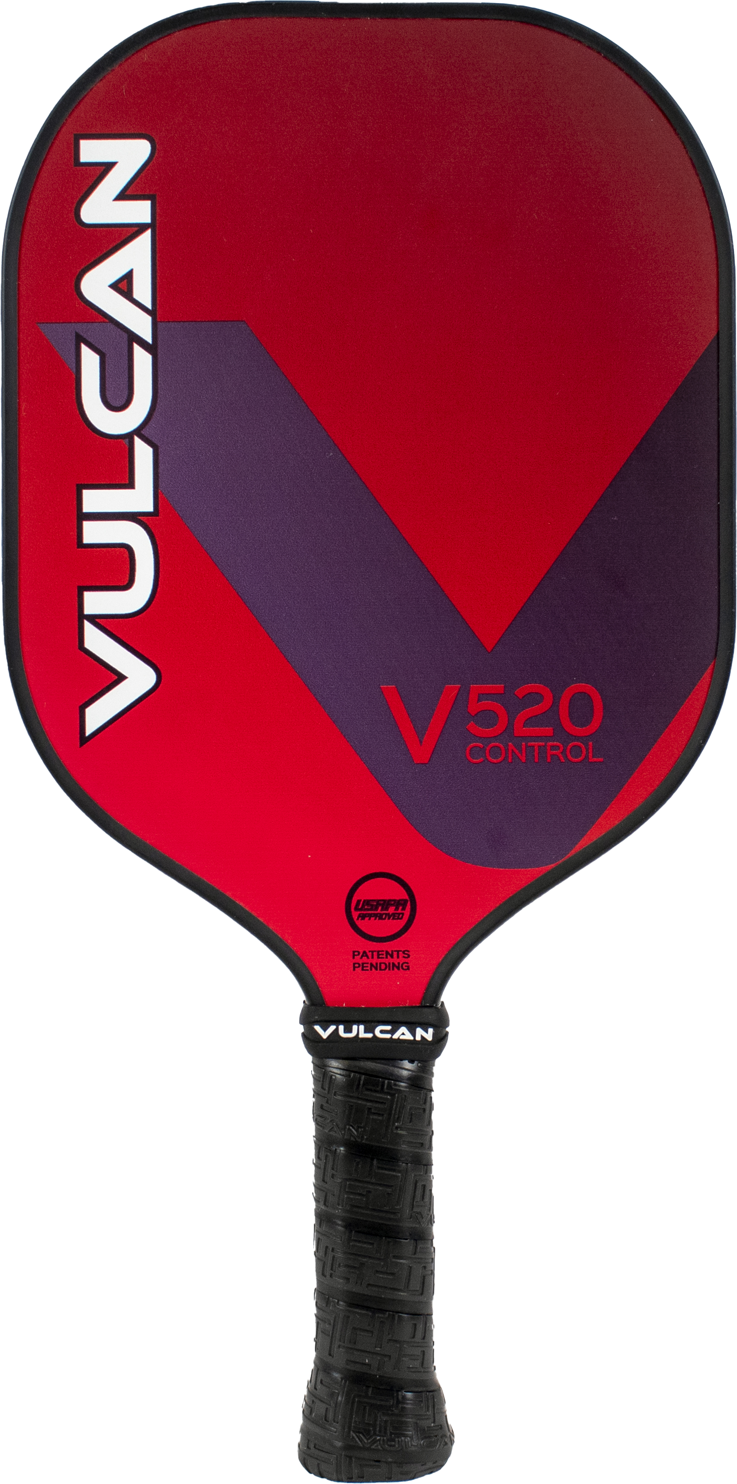 Red and purple Pickleballist Vulcan V520 Control pickleball paddle with a geometric design and black handle, isolated on a white background.