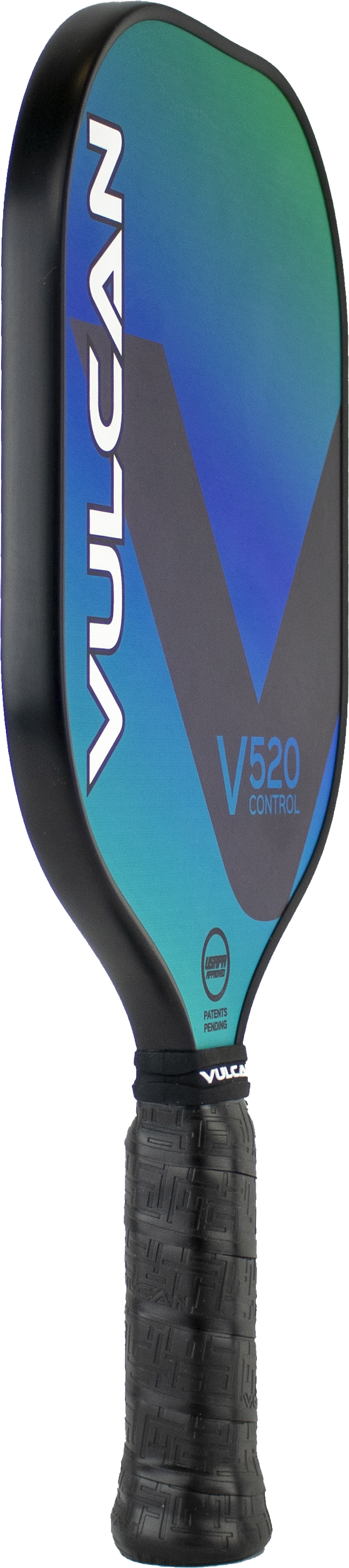 A Pickleballist Vulcan V520 Control pickleball paddle with a triangular blue and green design on the face and a black textured grip.