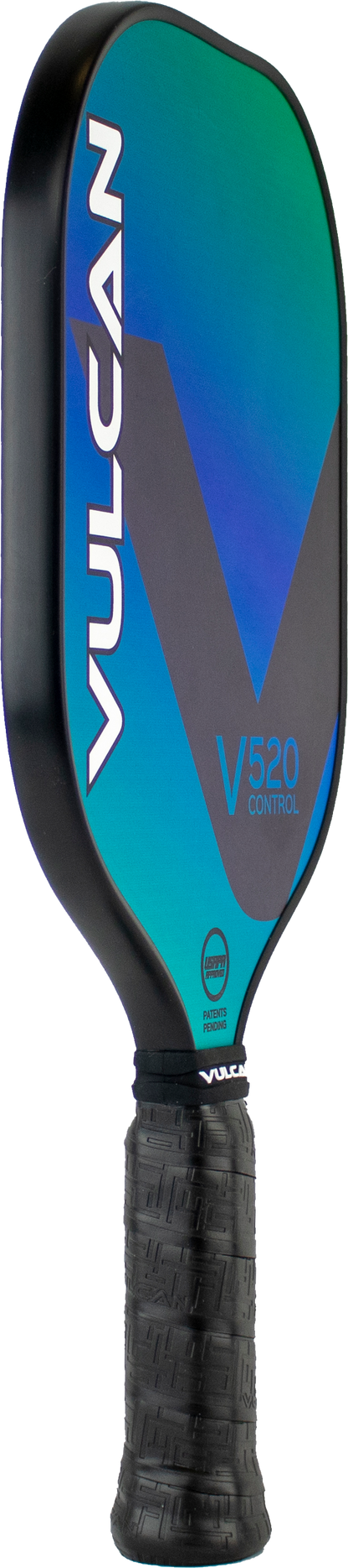 A Pickleballist Vulcan V520 Control pickleball paddle with a triangular blue and green design on the face and a black textured grip.