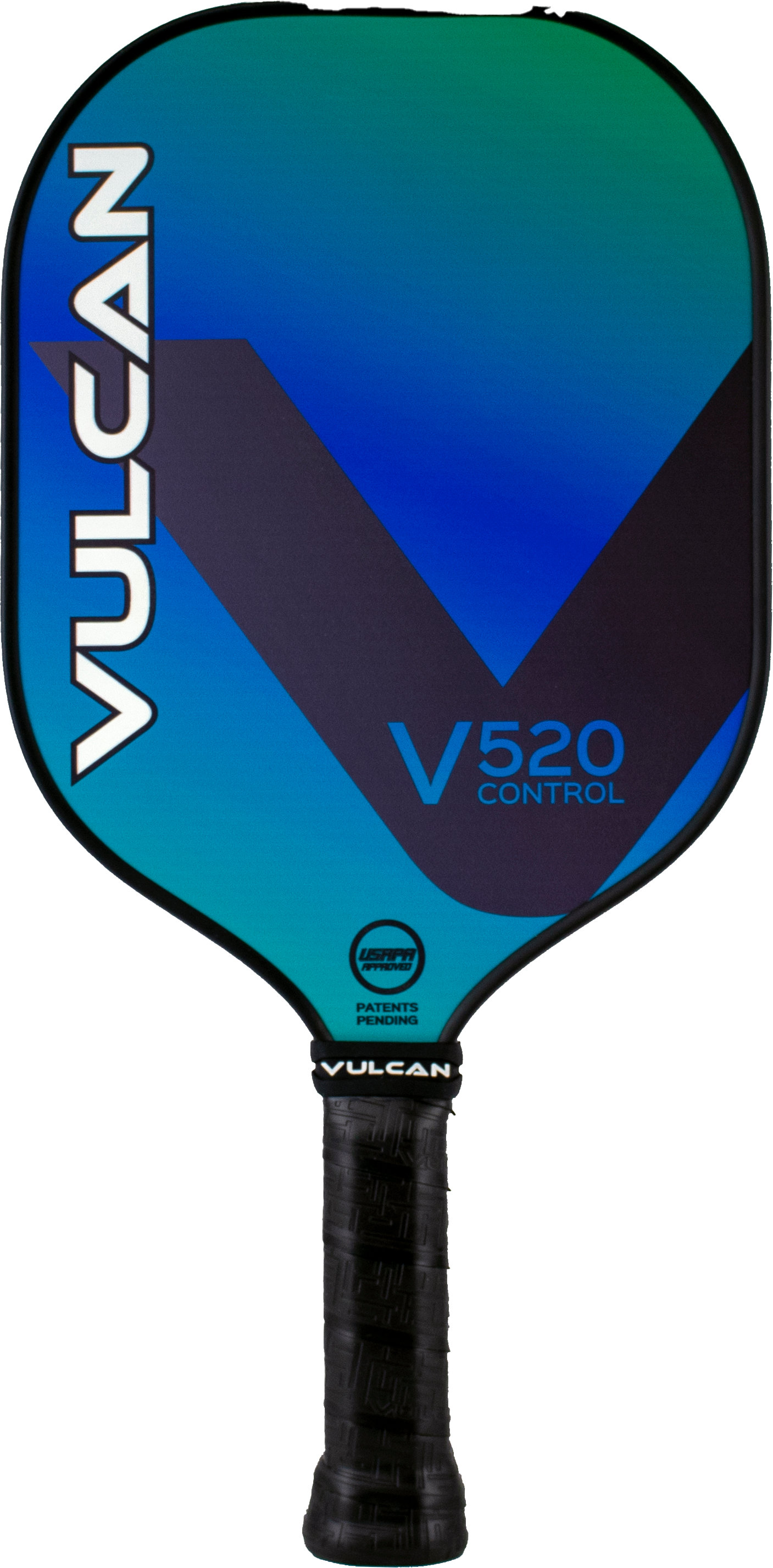 Blue and black Pickleballist Vulcan V520 Control pickleball paddle with a geometric design and textured grip handle.