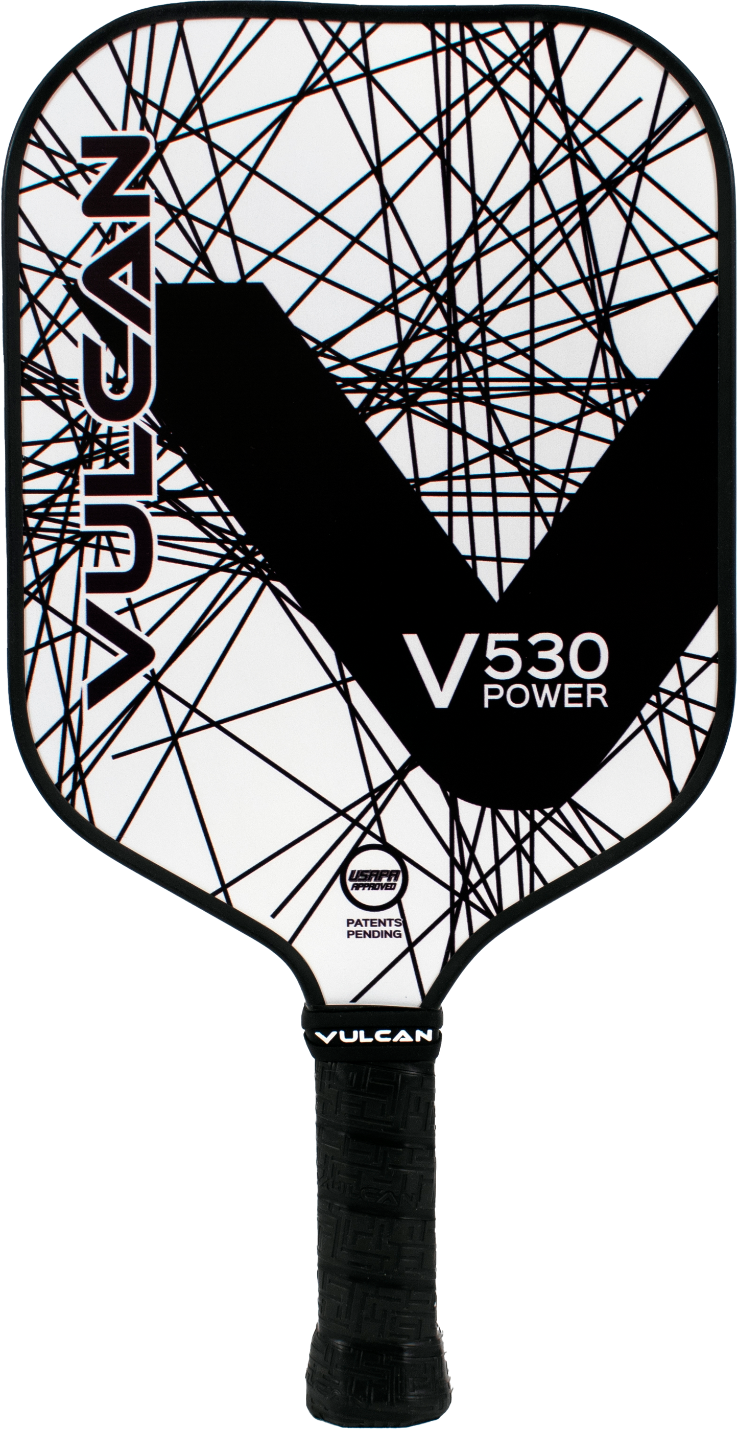 Image of a Vulcan V530 Power Pickleball Paddle featuring a thick black handle and a sleek white face with black geometric lines, Vulcan branding, and an eye-catching Black Lazer design.