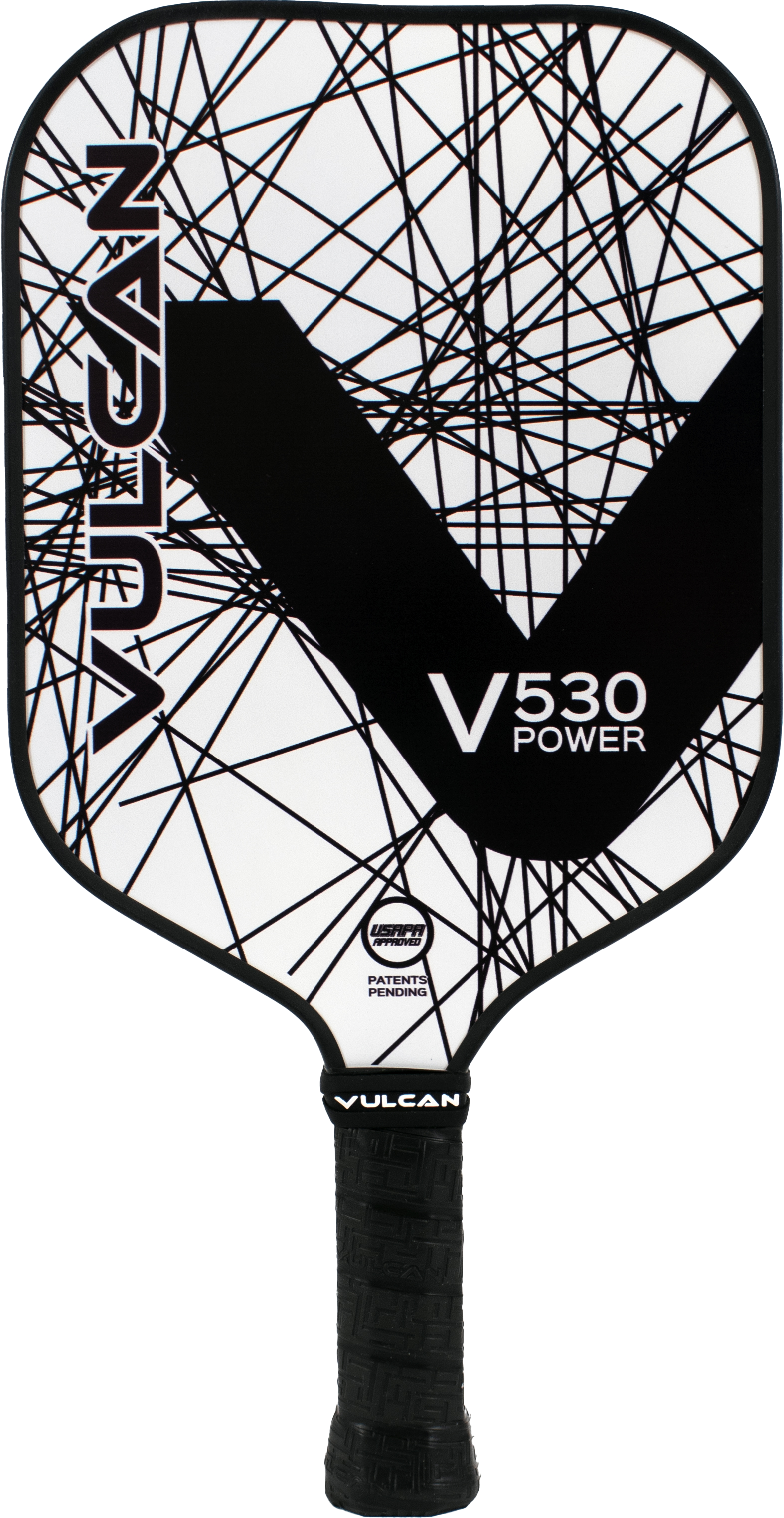 Image of a Vulcan V530 Power Pickleball Paddle featuring a thick black handle and a sleek white face with black geometric lines, Vulcan branding, and an eye-catching Black Lazer design.