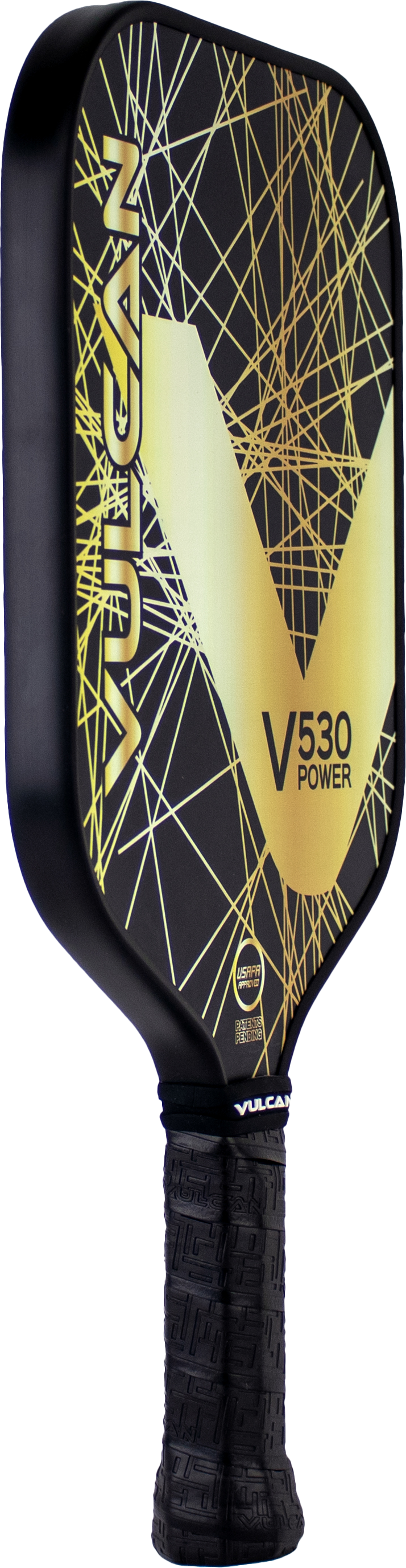 A Vulcan V530 Power Pickleball Paddle with a sleek black handle and a vibrant yellow and black patterned face, featuring the text "Vulcan" and "V530 Power" on the front. This Black Lazer design ensures you play with precision and style.