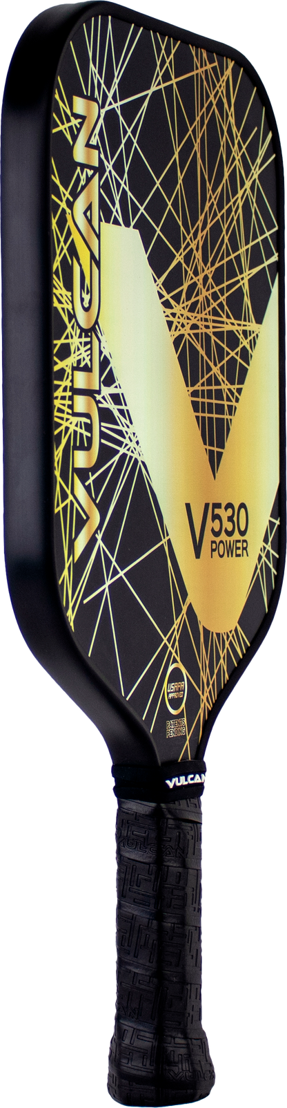 A Vulcan V530 Power Pickleball Paddle with a sleek black handle and a vibrant yellow and black patterned face, featuring the text "Vulcan" and "V530 Power" on the front. This Black Lazer design ensures you play with precision and style.