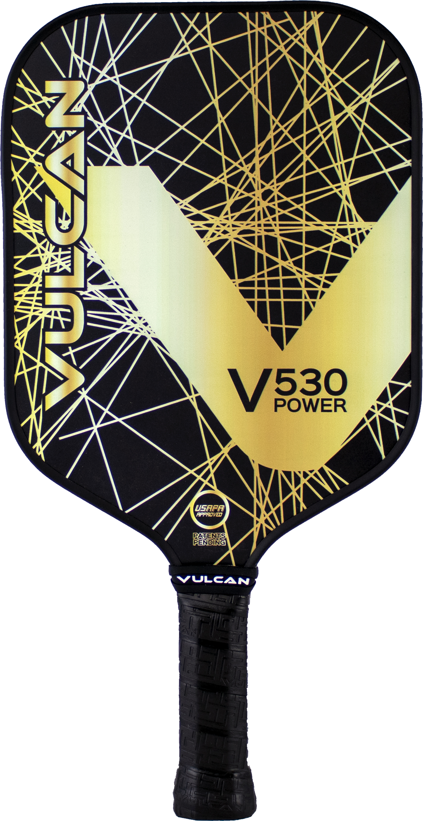 A Vulcan V530 Power Pickleball Paddle with a black and yellow design featuring crisscrossed lines and a large "V" on the face, reminiscent of Vulcan excellence.