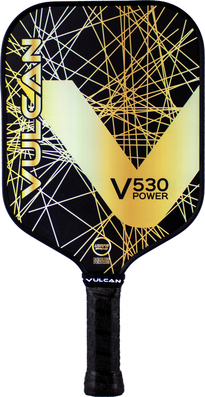 A Vulcan V530 Power Pickleball Paddle with a black and yellow design featuring crisscrossed lines and a large "V" on the face, reminiscent of Vulcan excellence.