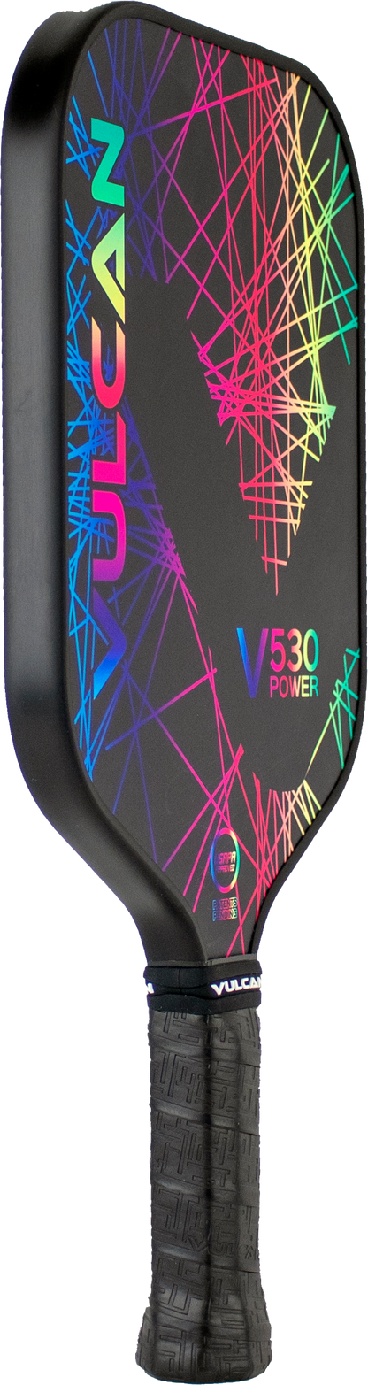 The **Vulcan V530 Power Pickleball Paddle** features a black grip and a colorful geometric pattern on the face, combining style and performance.