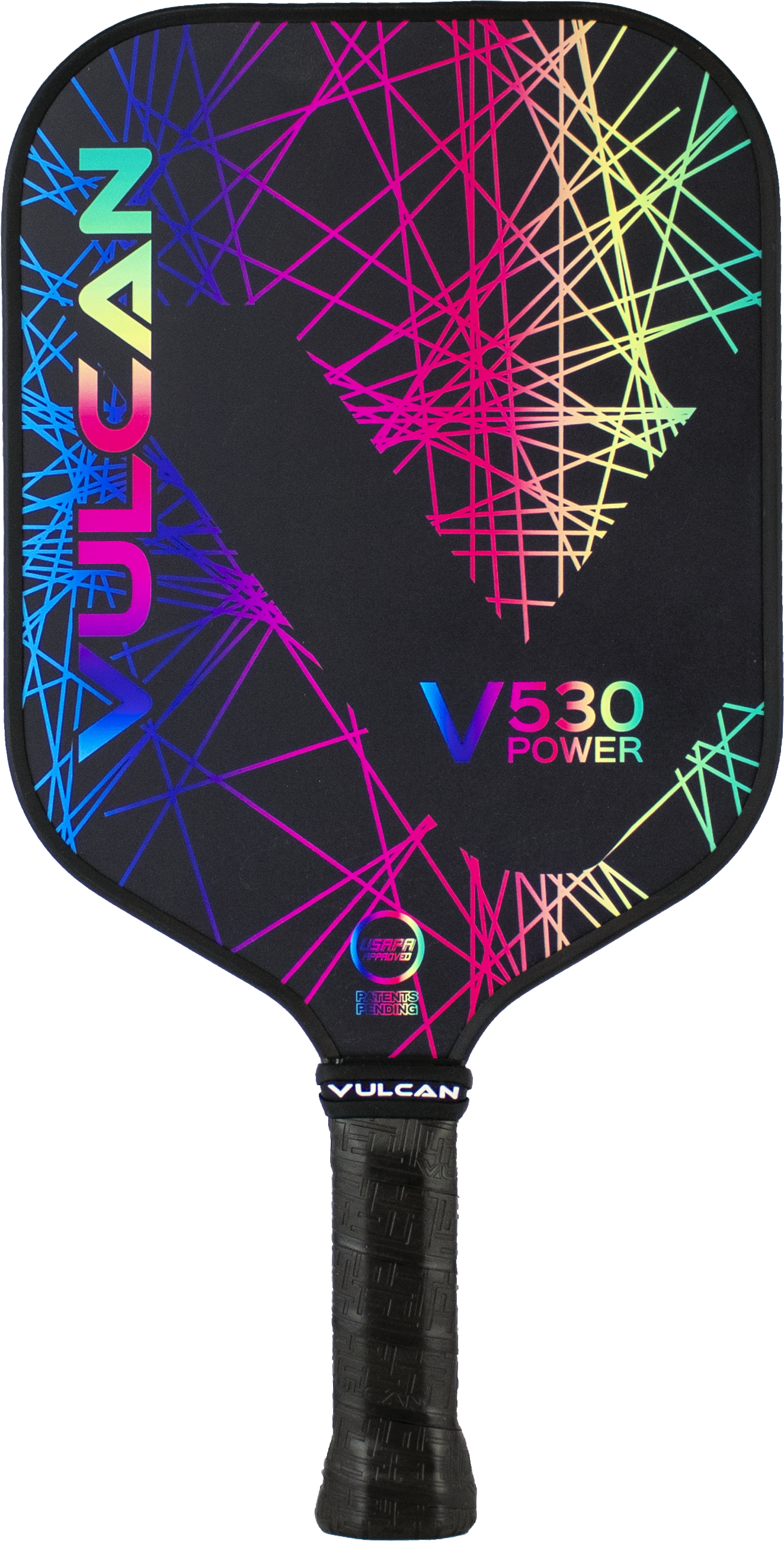 The Vulcan V530 Power Pickleball Paddle boasts a black surface adorned with multicolored geometric lines and a textured black grip handle.