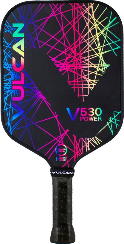 The Vulcan V530 Power Pickleball Paddle boasts a black surface adorned with multicolored geometric lines and a textured black grip handle.