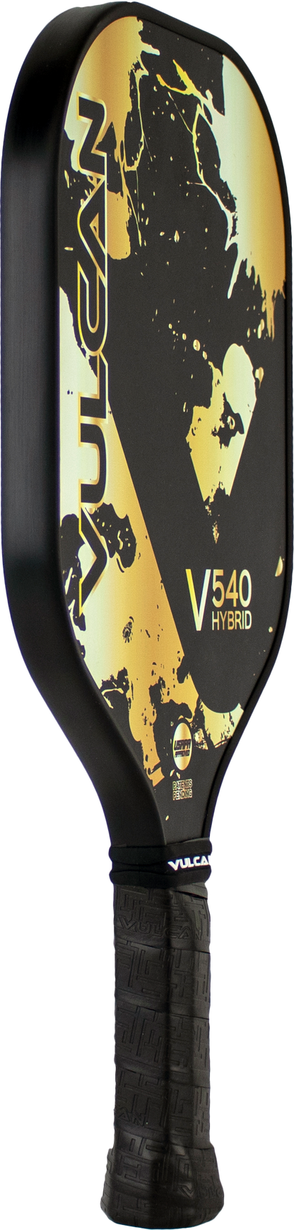 Pickleballist Vulcan V540 Hybrid pickleball paddle with a yellow and black design featuring a graphic of a face.