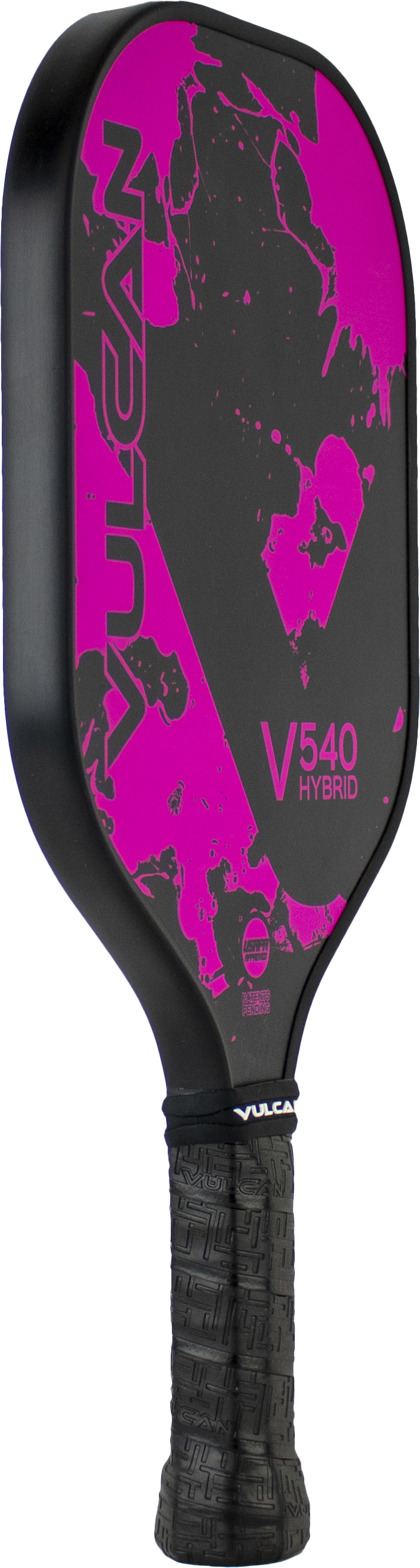 A Pickleballist Vulcan V540 hybrid pickleball paddle in black and pink with a textured handle and a yellow splatter design on the paddle face.