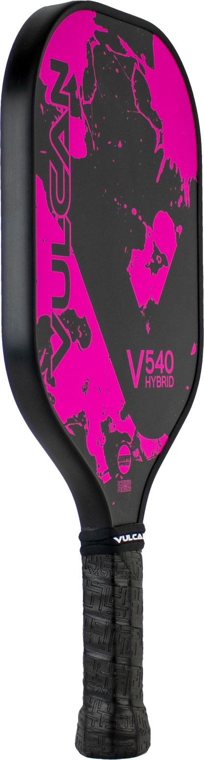 A Pickleballist Vulcan V540 hybrid pickleball paddle in black and pink with a textured handle and a yellow splatter design on the paddle face.