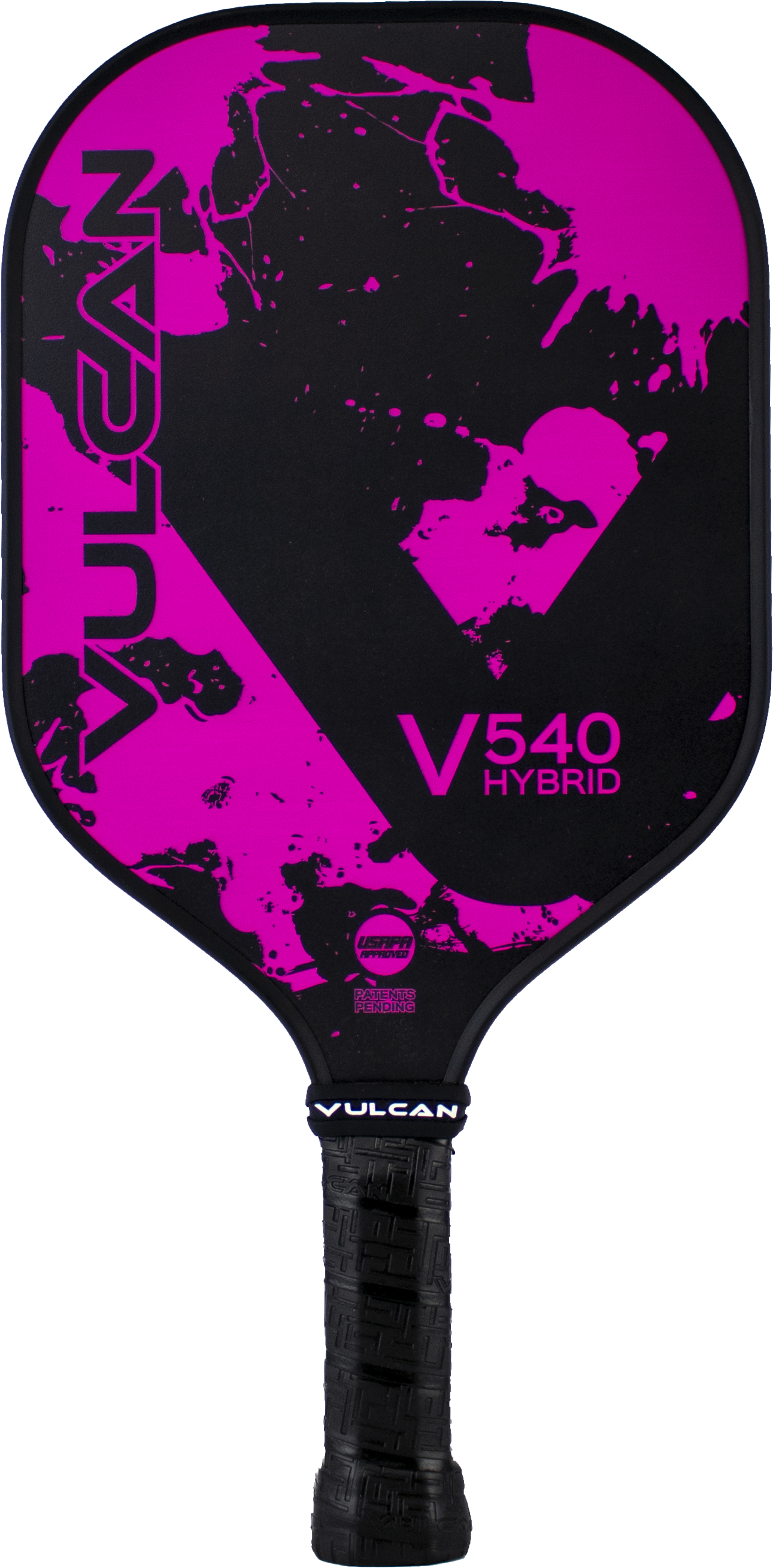 A Pickleballist Vulcan V540 hybrid pickleball paddle in vibrant pink featuring abstract yellow splatter design and branding.