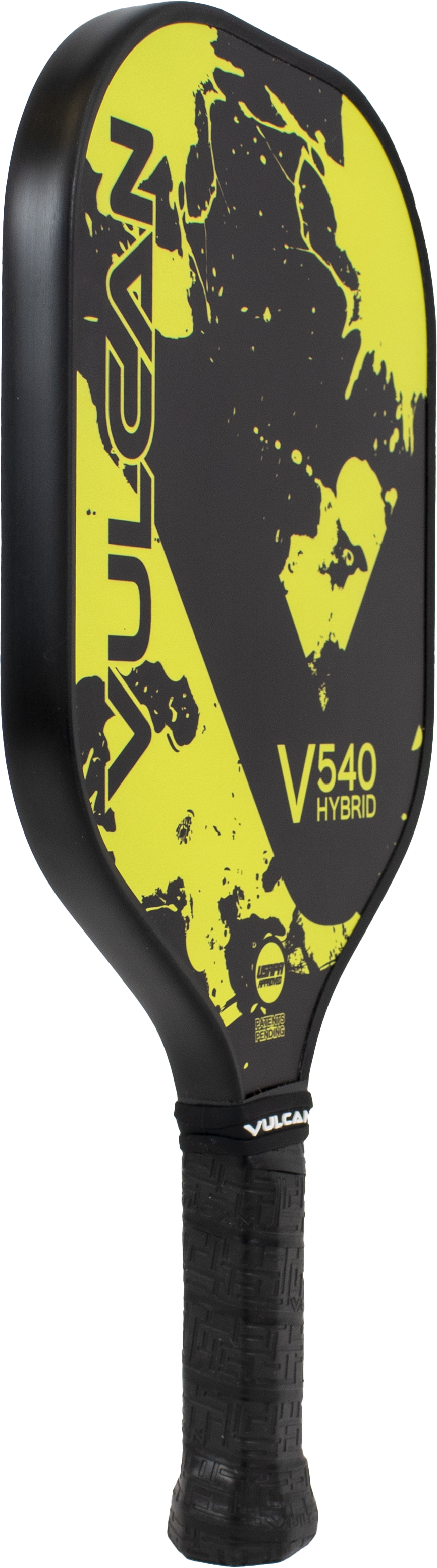 A Pickleballist Vulcan V540 hybrid pickleball paddle with a black and yellow splatter design and textured grip.