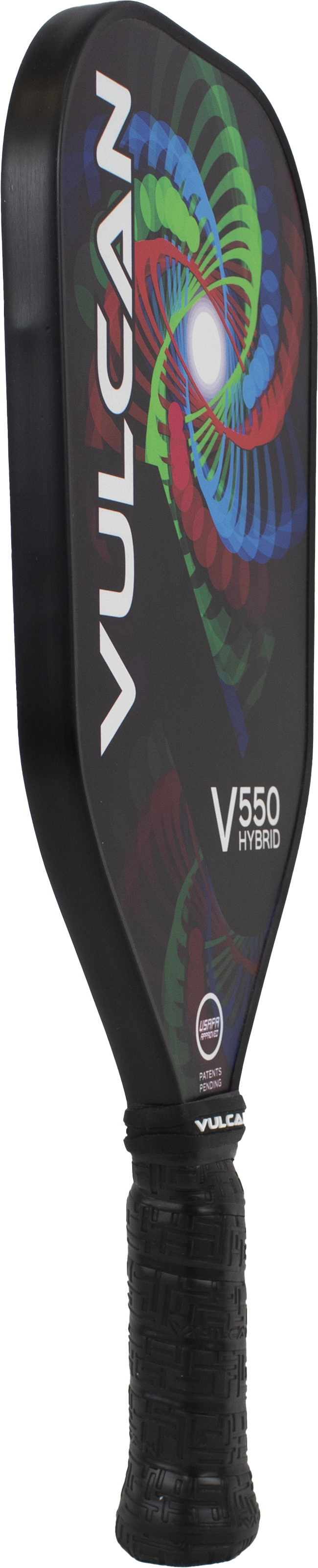 The Vulcan V550 Elongated Pickleball Paddle features a colorful spiral design on the face and a textured grip, seamlessly blending performance and style. The Black Entropy design option brings an added touch of elegance to your game.