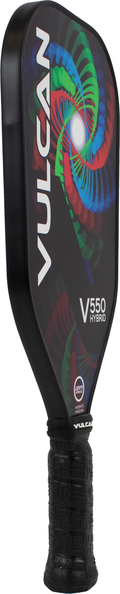 The Vulcan V550 Elongated Pickleball Paddle features a colorful spiral design on the face and a textured grip, seamlessly blending performance and style. The Black Entropy design option brings an added touch of elegance to your game.