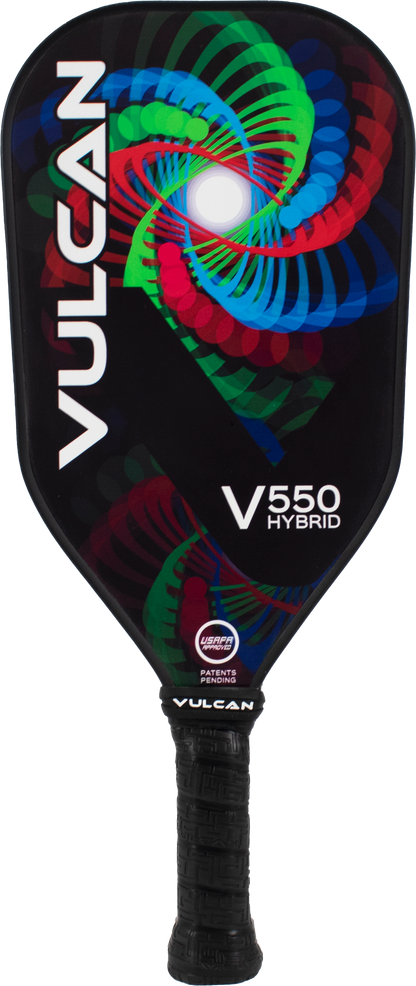 A black Vulcan V550 Elongated Pickleball Paddle with a colorful swirling pattern on the head and a textured handle, embodying the essence of Black Entropy.