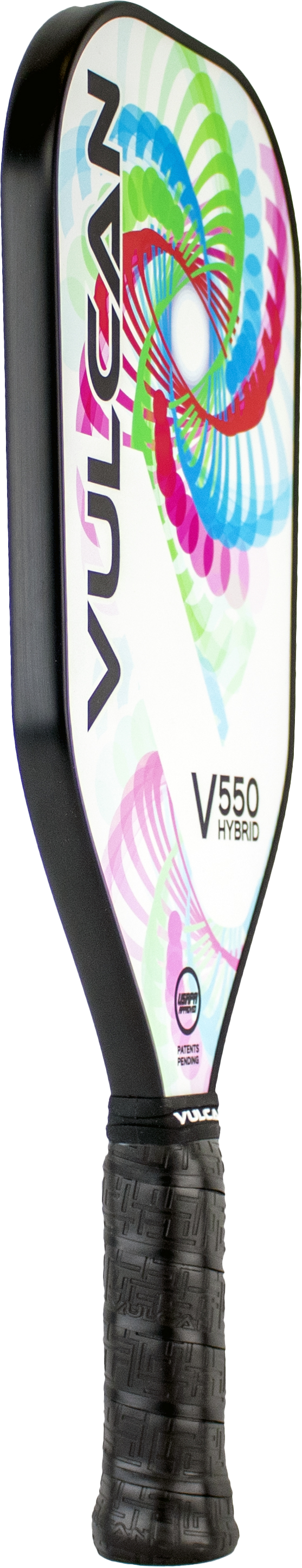 A Vulcan V550 Elongated Pickleball Paddle featuring a vibrant, multicolored spiral design on the face and a Black Entropy grip handle. The word "Vulcan" and product details are printed on the paddle.