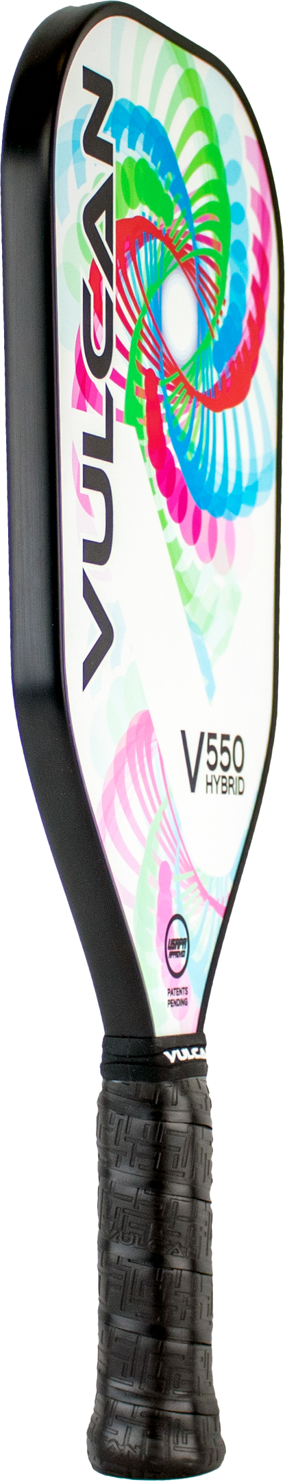 A Vulcan V550 Elongated Pickleball Paddle featuring a vibrant, multicolored spiral design on the face and a Black Entropy grip handle. The word "Vulcan" and product details are printed on the paddle.