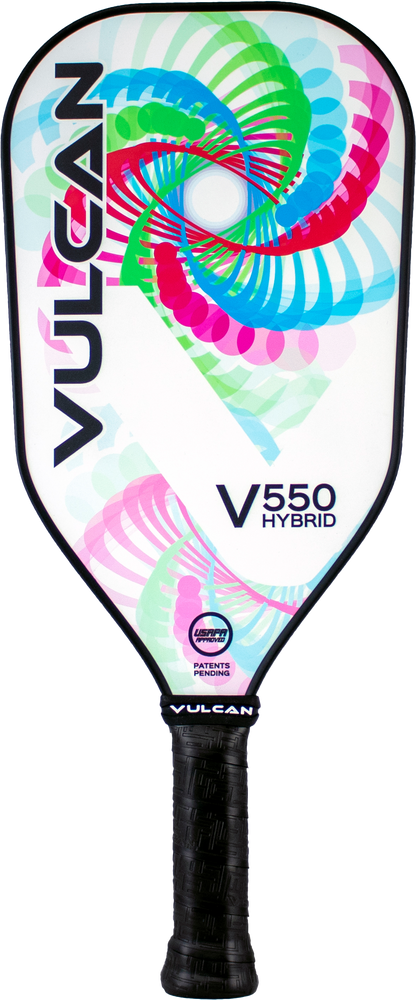 Image of a Vulcan V550 Elongated Pickleball Paddle with a colorful spiral design and sleek Black Entropy handle, ideal for game enthusiasts.