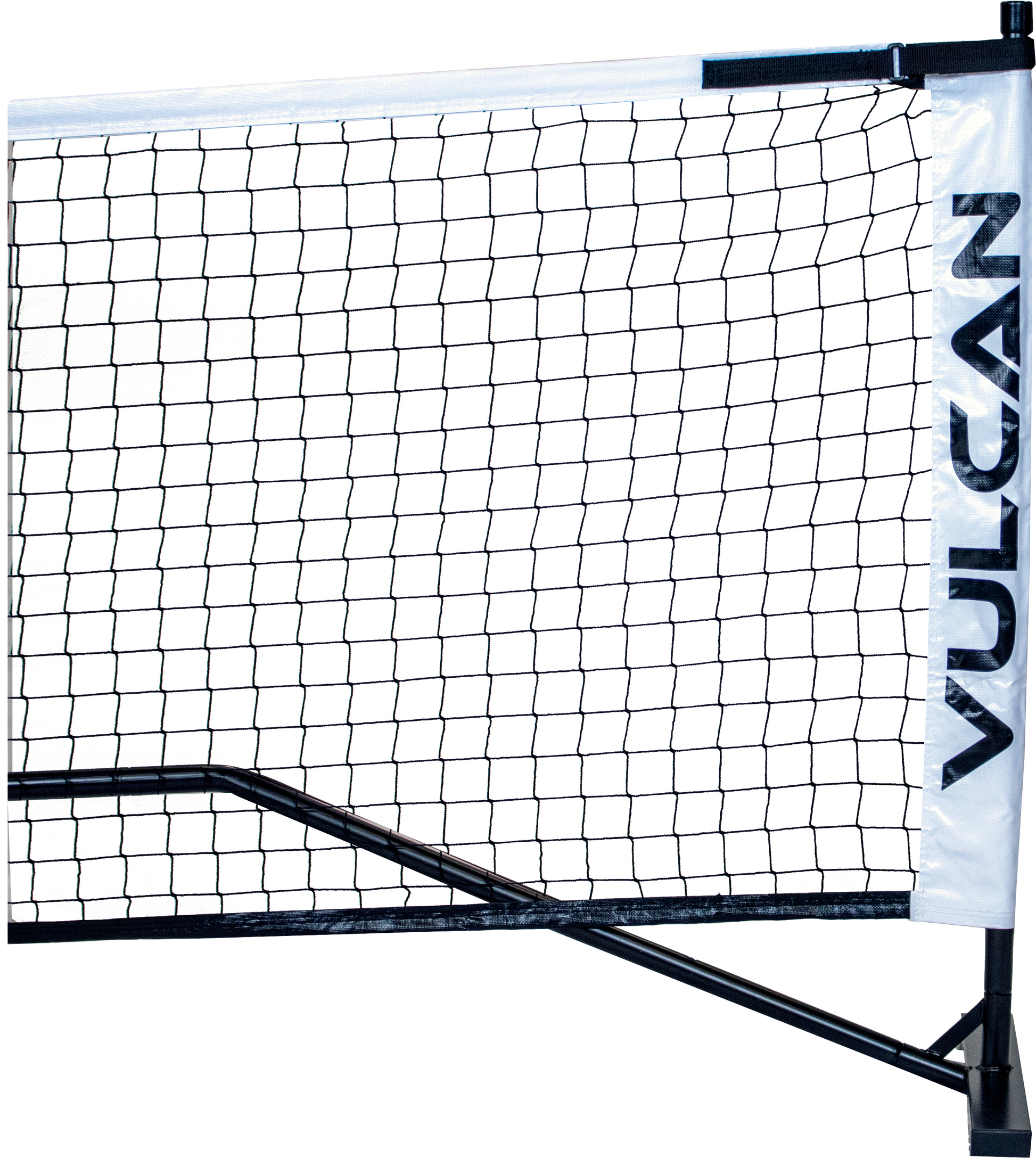 Sentence with replacement: Black and white Pickleballist-branded Vulcan VNET portable pickleball net, viewed from the side, with a metal frame and taut mesh netting.