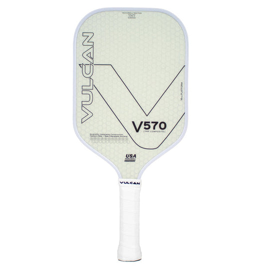 A white Vulcan V570 FRP Pickleball Paddle with the word veto on it featuring maximum spin and Vulcan's new TNT surface technology.