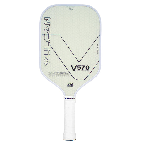 White and gray Pickleballist Vulcan V570FRP pickleball paddle with a honeycomb pattern and prominent branding, designed in the USA.
