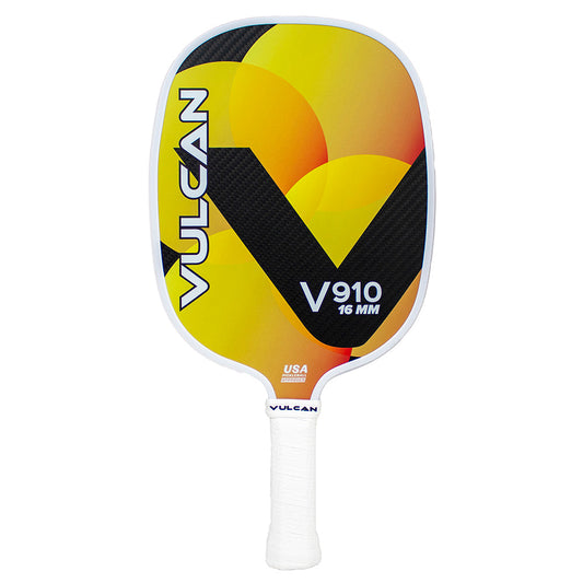 A Vulcan V910 16mm Carbon Fiber Pickleball Paddle with a yellow and black design.