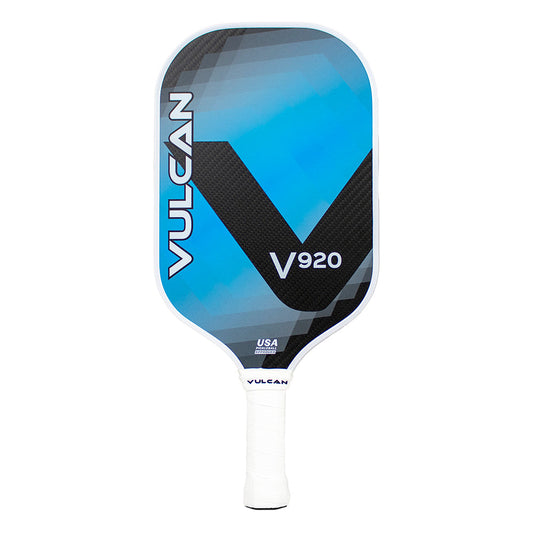 Blue and black Vulcan V920 13mm Carbon Fiber Pickleball Paddle against a white background.