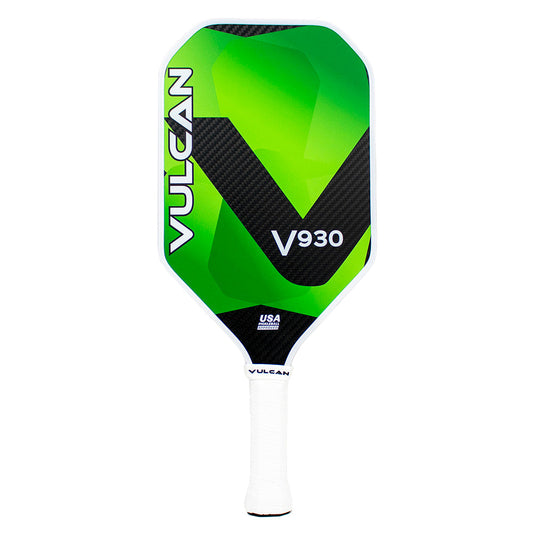 A Vulcan V930 13mm Carbon Fiber Pickleball Paddle with green and black color scheme.