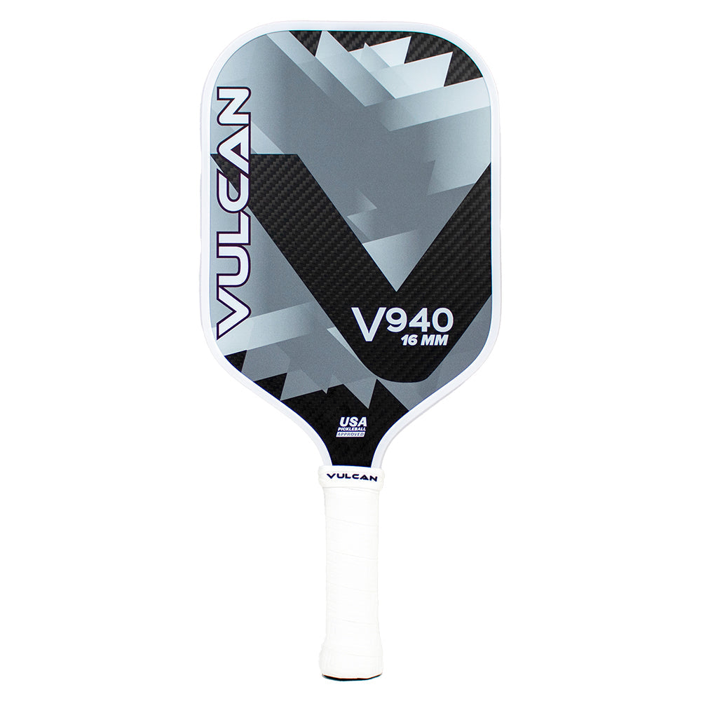 A Vulcan V940 16mm Carbon Fiber Pickleball Paddle with a geometric design.