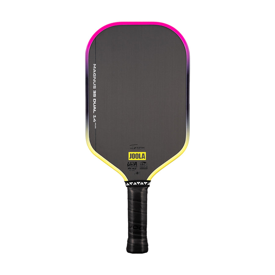 The JOOLA Magnus 3S Dual 14mm Pickleball Paddle features a black face, yellow and pink gradient edge, and black handle, with a Charged Carbon Surface for superior spin and control.