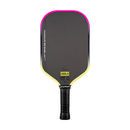 The JOOLA Magnus 3S Dual 14mm Pickleball Paddle features a black face, yellow and pink gradient edge, and black handle, with a Charged Carbon Surface for superior spin and control.
