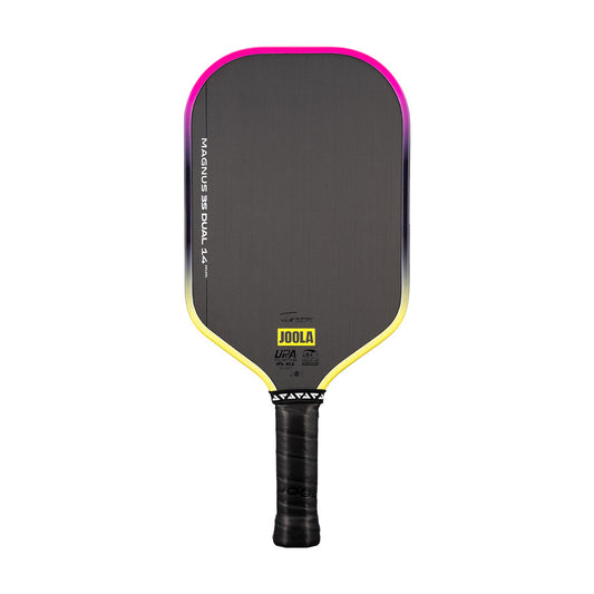 The JOOLA Magnus 3S Dual 14mm Pickleball Paddle features a black face, yellow and pink gradient edge, and black handle, with a Charged Carbon Surface for superior spin and control.