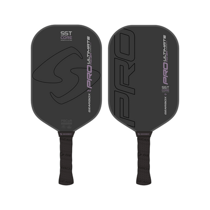 Two black Gearbox Pro Ultimate Power Elongated 14mm pickleball paddles, showcasing front and back views with "Pro Ultimate" and "SST Core" text in a sleek design.