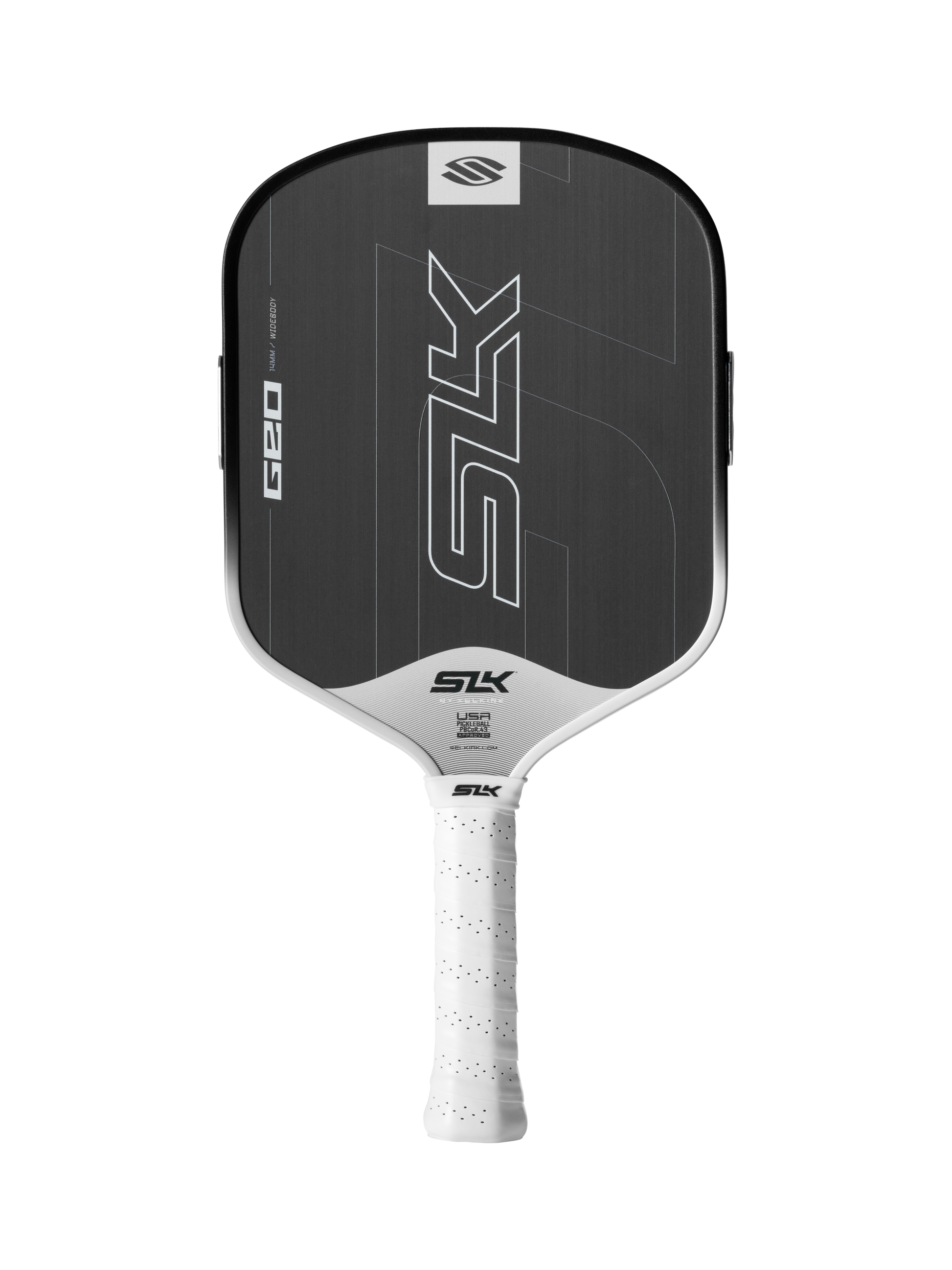 The Selkirk SLK GEO Widebody 14mm Pickleball Paddle has a black and white design with “SLK” on the face and a white textured grip handle.