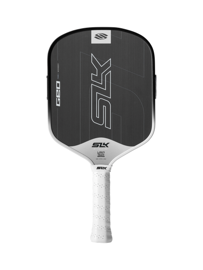 The Selkirk SLK GEO Widebody 14mm Pickleball Paddle has a black and white design with “SLK” on the face and a white textured grip handle.