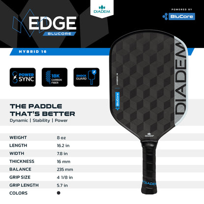 The Diadem Edge BluCore Hybrid 16mm Pickleball Paddle from Diadem is displayed on a white and blue background with its product description, features, and specifications shown beside it.