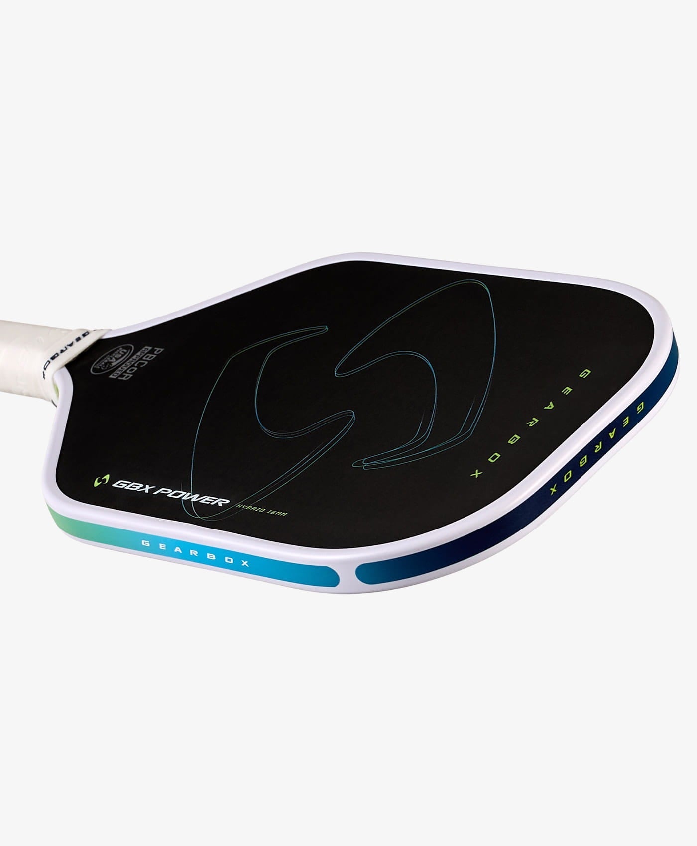A close-up of the Gearbox Sports GBX Power Hybrid - 16mm Gen-3 Honeycomb highlights its premium pickleball paddle design, featuring a black face, white edge, and blue-green accents.