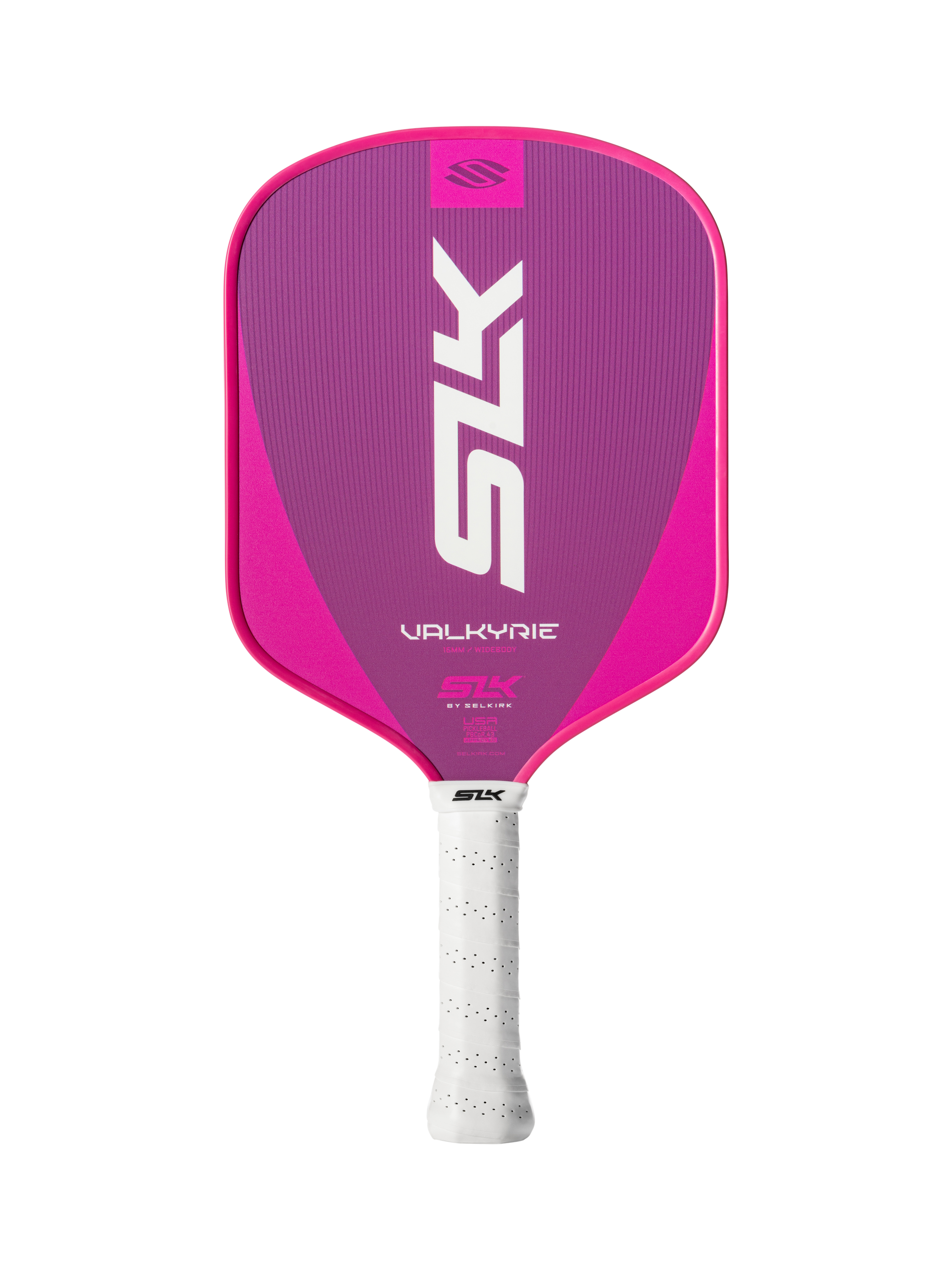 The Selkirk SLK Valkyrie Widebody 16mm Pickleball Paddle, featuring a pink and purple design and white perforated grip, is shown on a plain white background.
