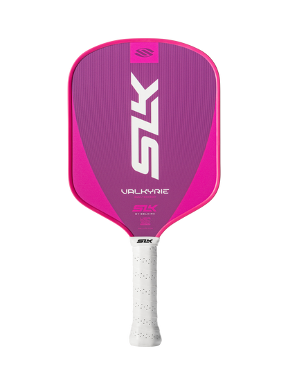 The Selkirk SLK Valkyrie Widebody 16mm Pickleball Paddle, featuring a pink and purple design and white perforated grip, is shown on a plain white background.
