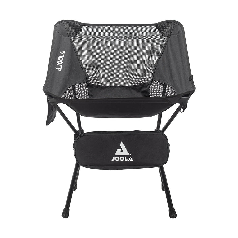 A front view of the JOOLA Compact Portable Chair, a black chair with mesh backrest, storage pouch, and four legs by JOOLA.