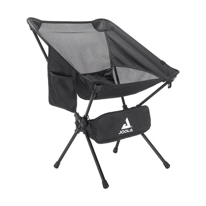 The JOOLA Compact Portable Chair is a black folding camping chair with a mesh back, side storage pocket, and a zippered front pouch labeled "JOOLA.