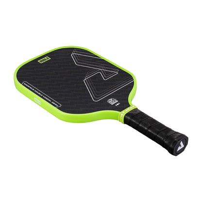 The JOOLA Double Vision Scorpeus 16mm Pickleball Paddle features a black face, neon green edge, geometric design, and black wrapped handle—perfect for advanced players—displayed on a white background.