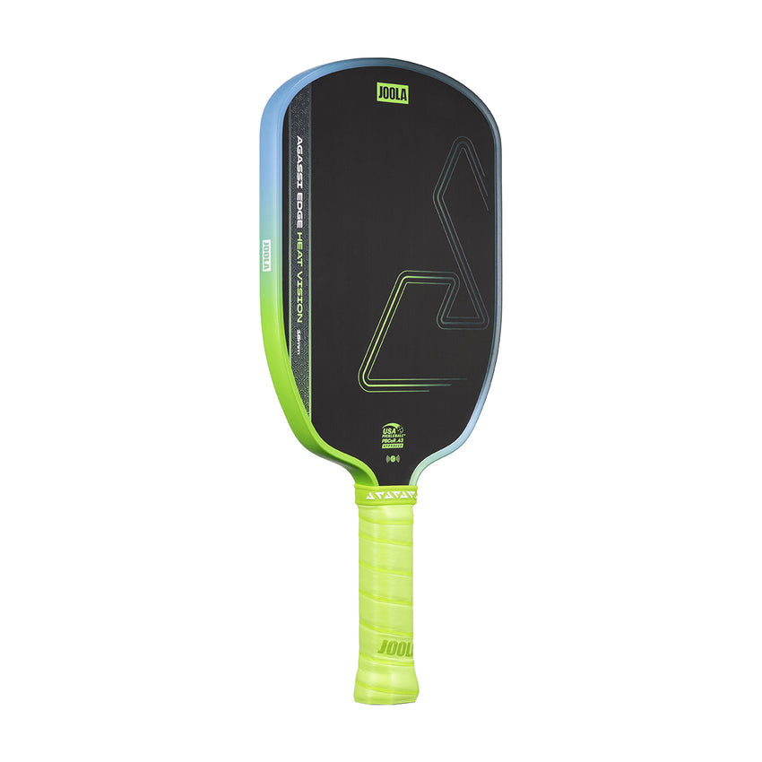 The JOOLA Heat Vision Agassi Edge 16mm Pickleball Paddle, featuring a black face, blue and green edge, and neon green grip, is shown upright against a white background.